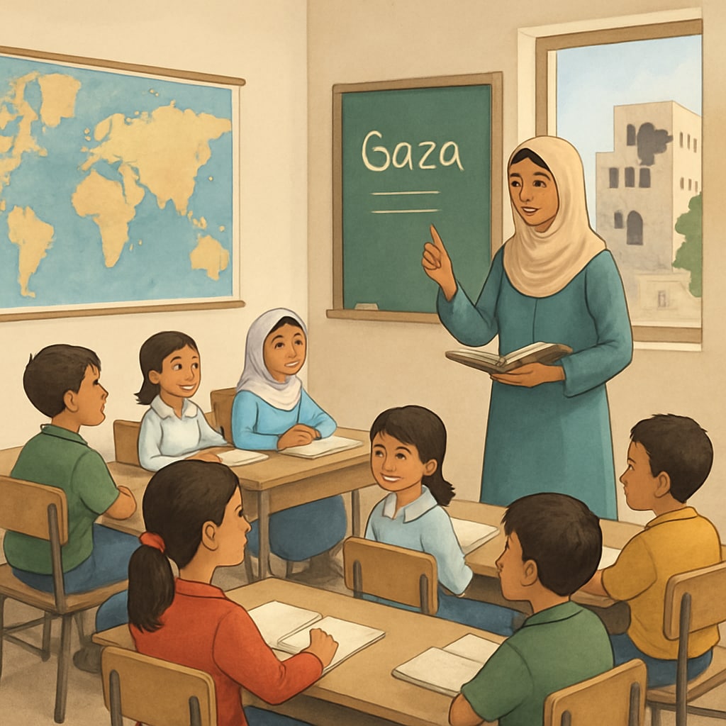 A classroom in Gaza with children learning from a teacher, emphasizing hope and education in post-conflict regions. A classroom in Gaza highlighting the importance of education in rebuilding hope.