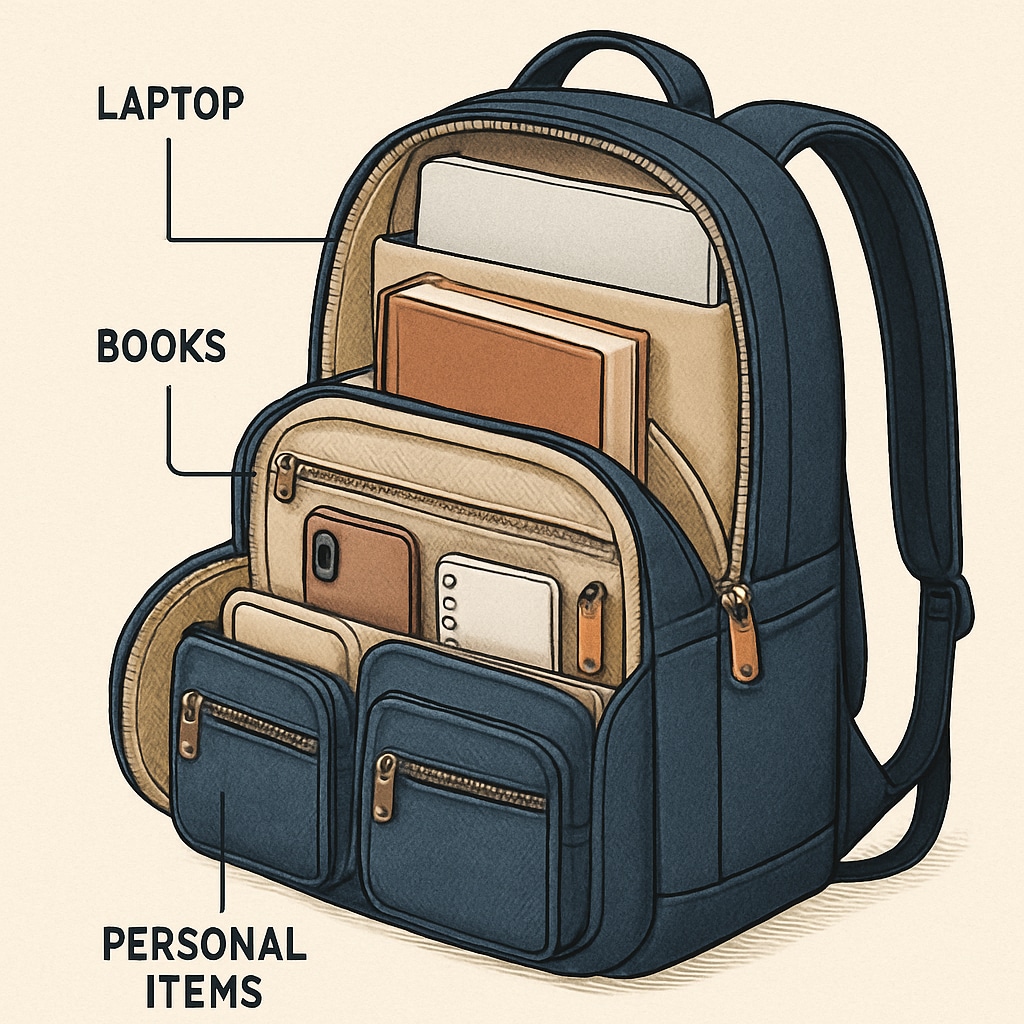A practical college backpack with separate compartments for a laptop, books, and personal items. It emphasizes the importance of organization and storage space for students. Spacious college backpack for organizing laptops and books.