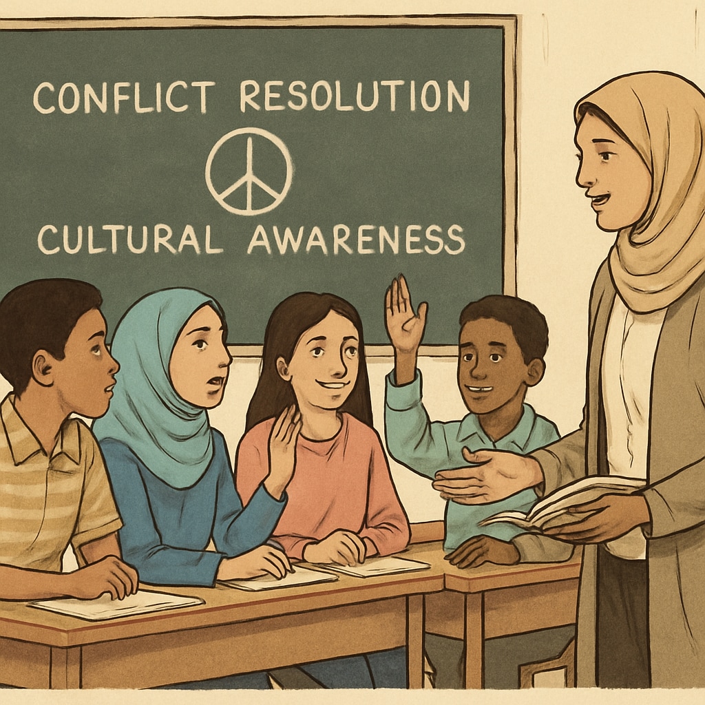 A group of students in Gaza participating in a social studies class, learning about conflict resolution and cultural awareness. Gaza students in a social studies class focusing on conflict resolution and cultural understanding.