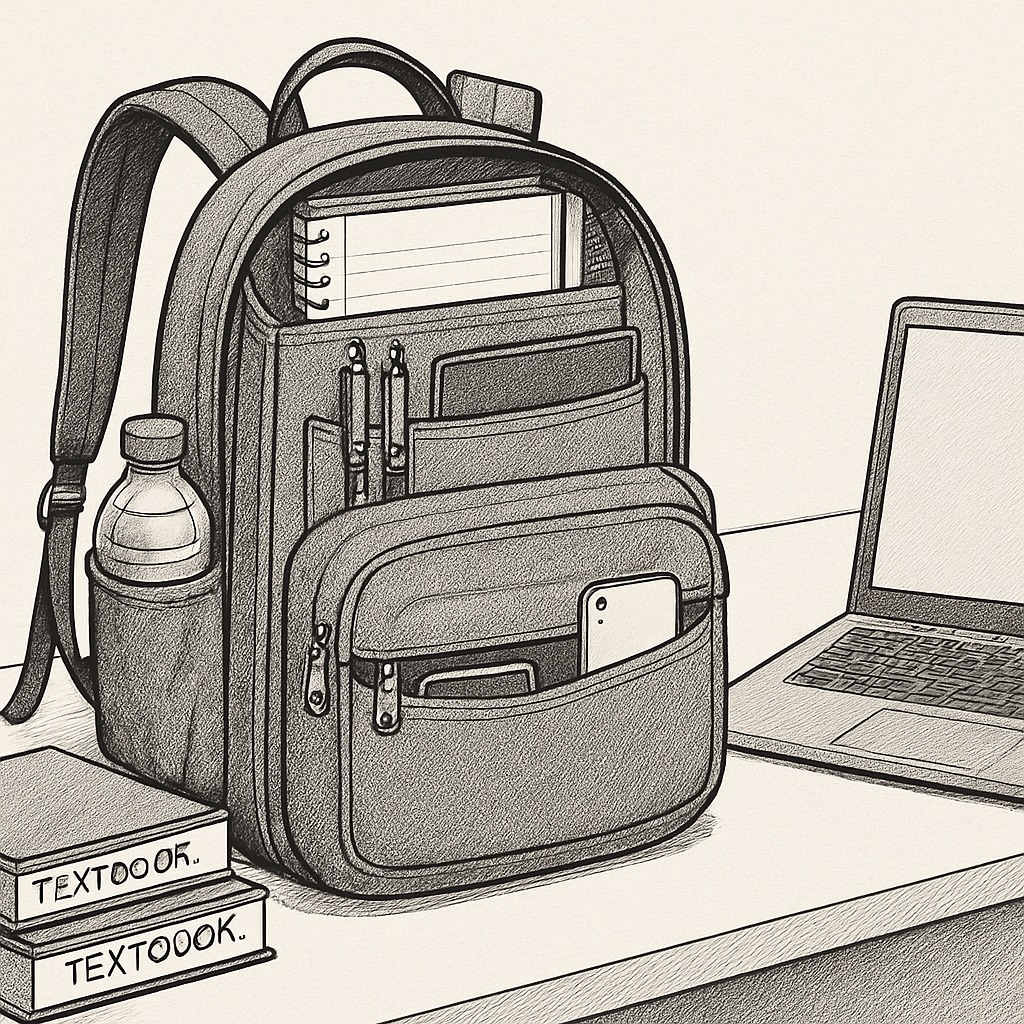 A stylish and functional college backpack with multiple compartments, placed on a desk with textbooks and a laptop. A college student's backpack with multiple compartments and textbooks.