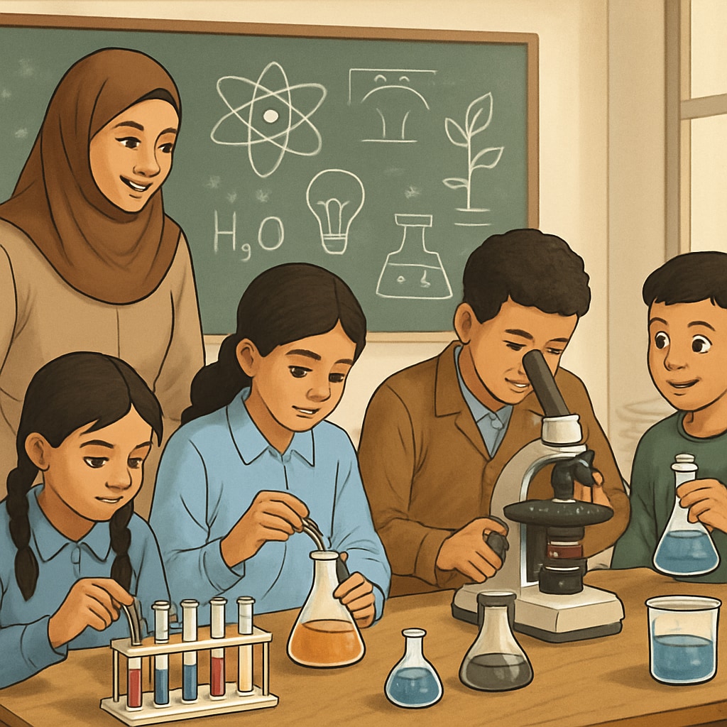 Gaza classroom with children conducting science experiments.