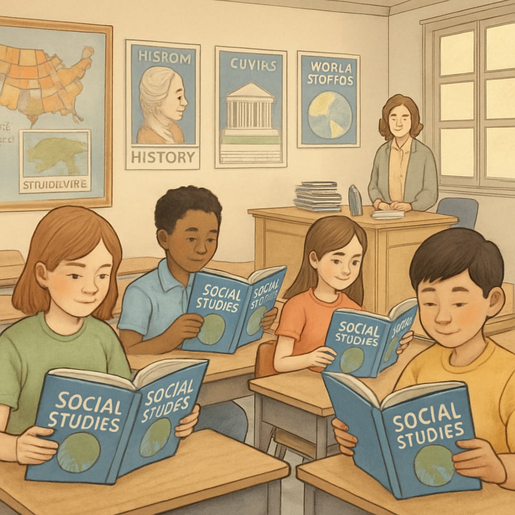 A classroom with students flipping through social studies textbooks, illustrating the potential influence of educational content on young minds. Students in a classroom studying social studies, highlighting the impact of textbooks on understanding social mobility.