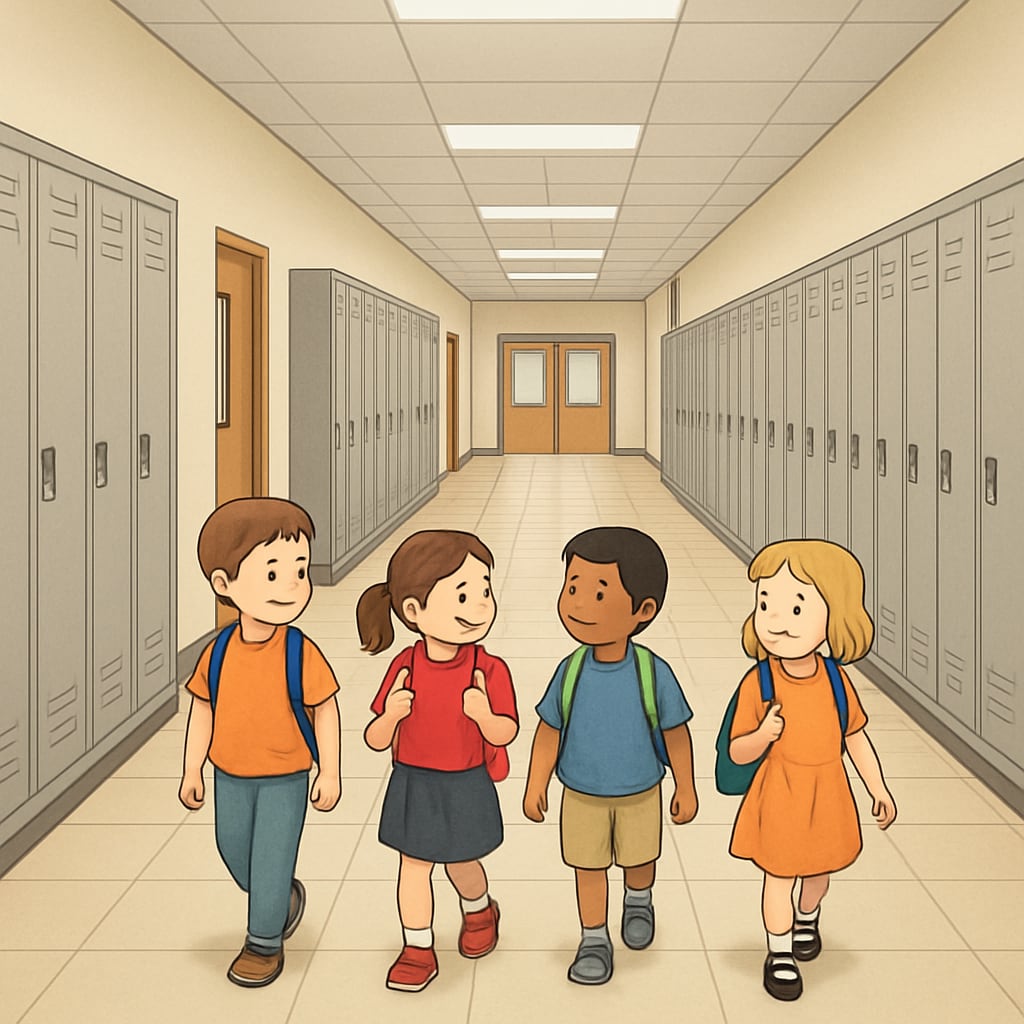 Empty hallway with elementary students in a high school