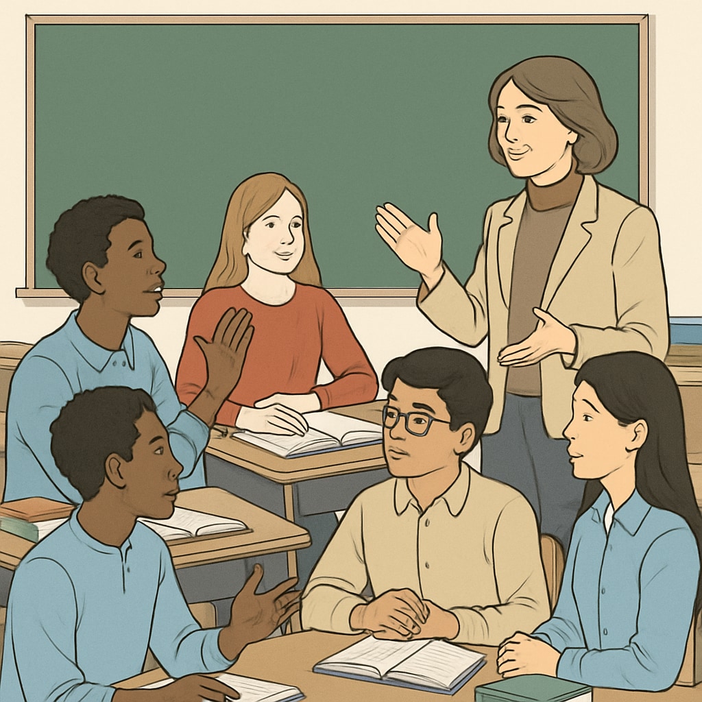 A diverse group of students engaging in a classroom discussion, symbolizing the importance of inclusive and balanced education in addressing societal issues. Students discussing societal issues in a classroom, emphasizing the value of inclusive education.