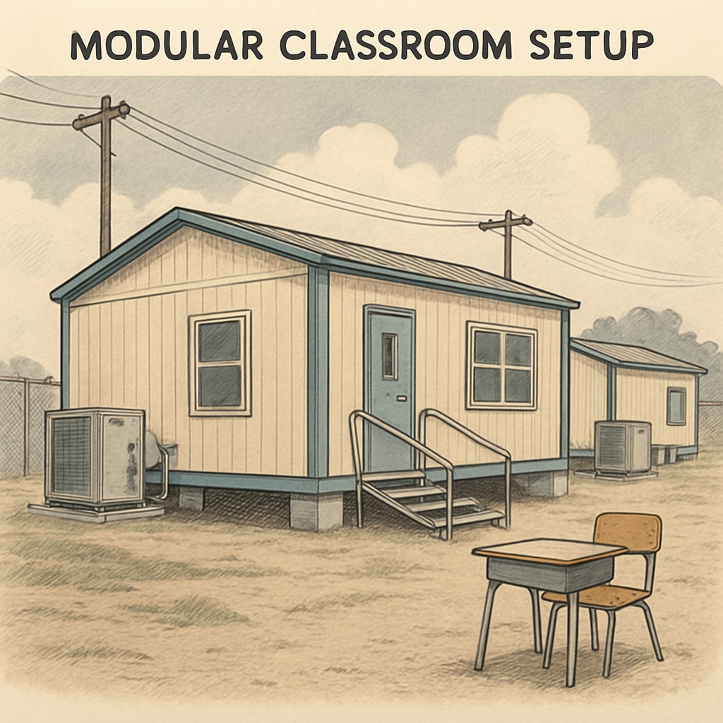 A modular classroom setup, showing portable buildings used as temporary educational spaces. The image emphasizes the infrastructure challenges of temporary school settings. Modular classroom showing portable buildings for temporary school environments.