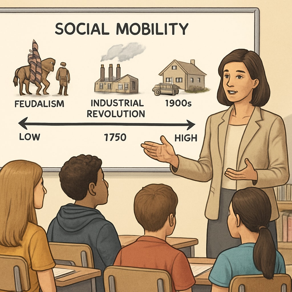 A classroom environment showing a teacher explaining social mobility through a historical timeline, emphasizing key events like the Industrial Revolution. Teacher explaining social mobility in a classroom setting.