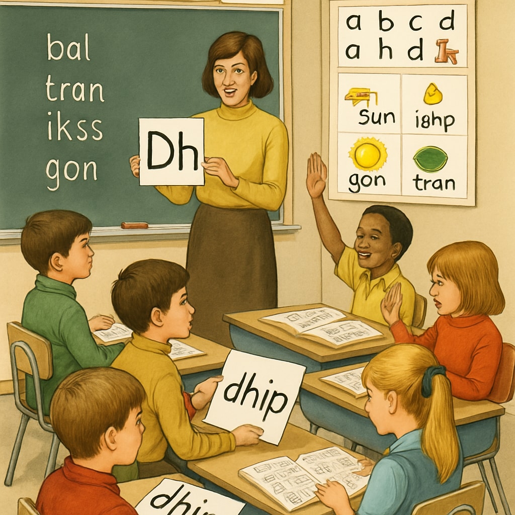 A classroom in the 1970s showing children learning with Initial Teaching Alphabet materials. Students learning with Initial Teaching Alphabet materials in a 1970s classroom.