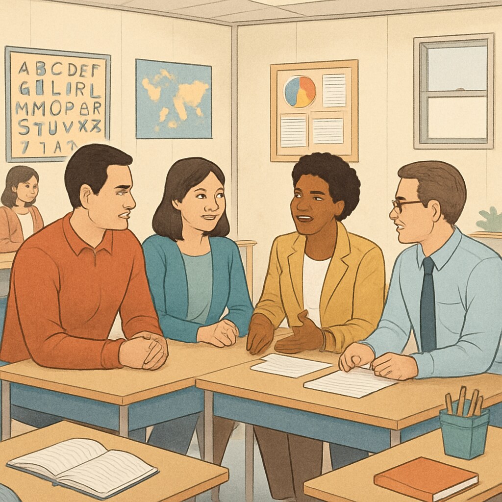 Parent-teacher meeting in a temporary classroom, emphasizing collaborative efforts to support students’ growth and education. Parent-teacher meeting in a temporary classroom setup to discuss student support.