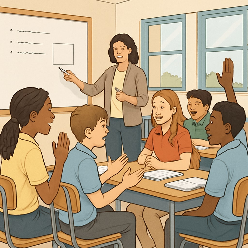 A group of students actively participating in a classroom discussion during a year-round education schedule. Students in a classroom during a year-round education model, discussing and learning.