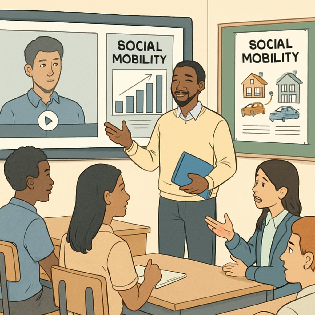 A teacher facilitating a discussion on social mobility with diverse student groups, using multimedia aids like videos and infographics. Teacher leading a class discussion on social mobility with multimedia support.