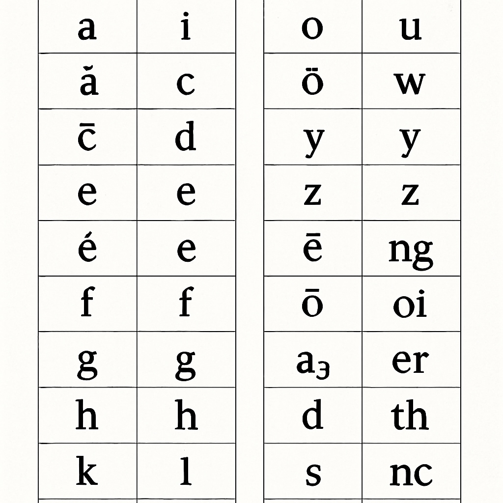 A comparison chart showing ITA characters alongside their standard English equivalents. A chart comparing Initial Teaching Alphabet characters with traditional English spelling.
