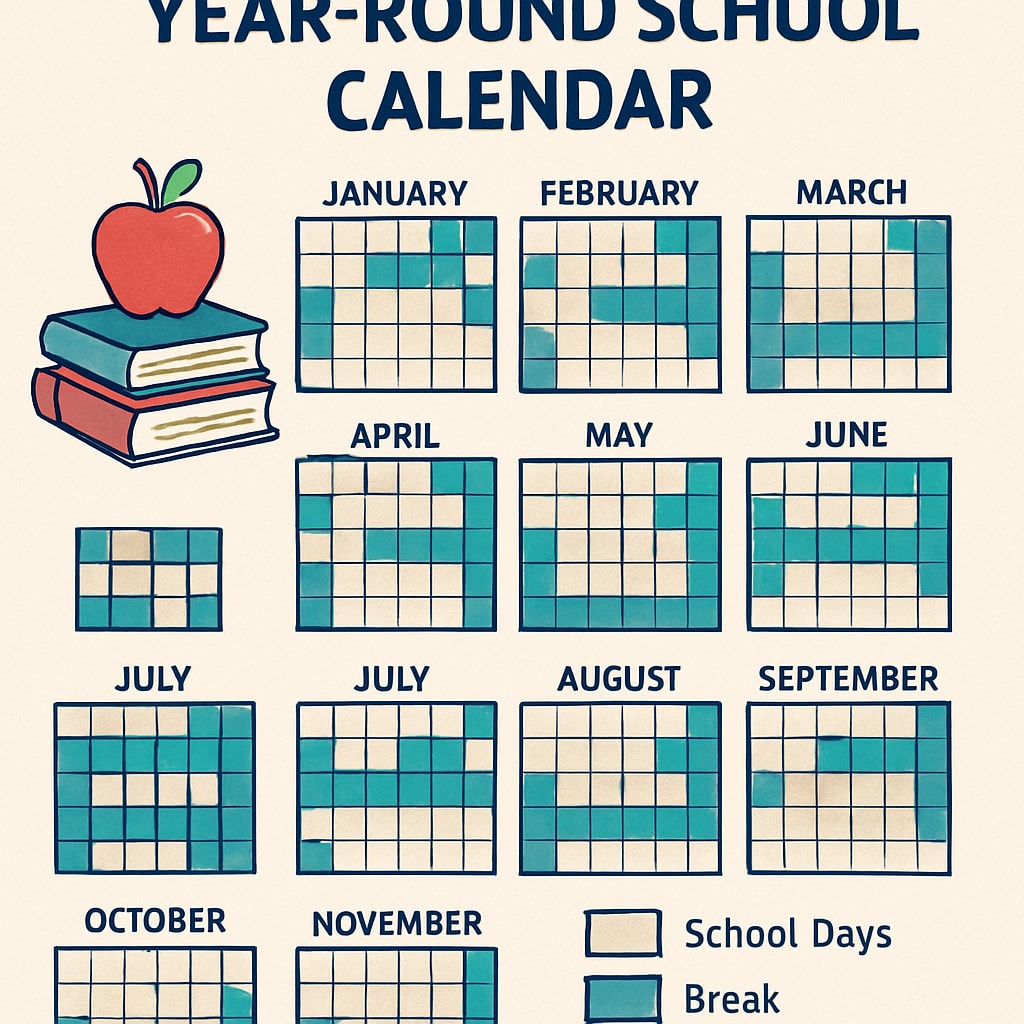 A visual representation of a year-round school calendar, showing evenly distributed breaks. Year-round school calendar example illustrating balanced breaks.