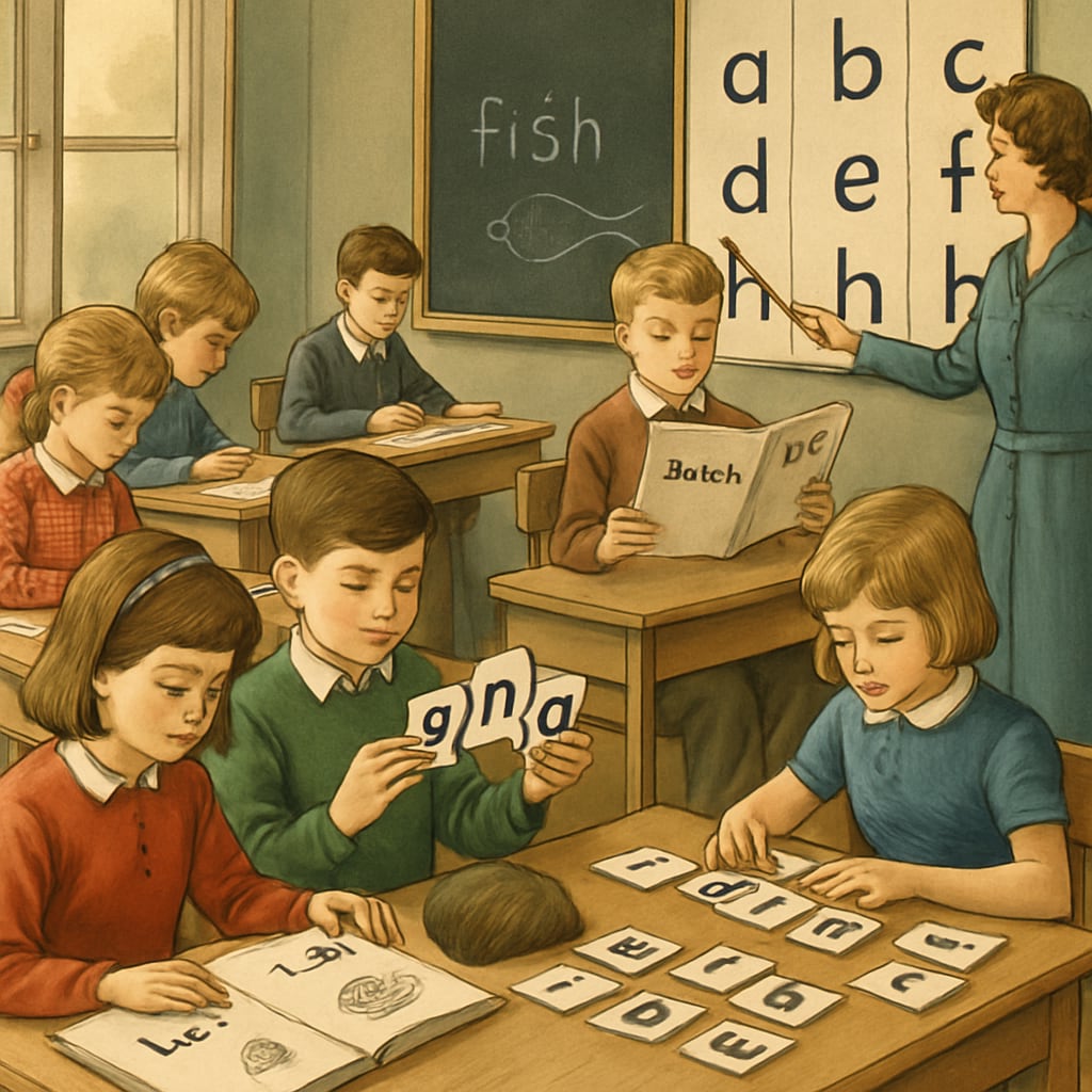 A historical classroom scene showing children using Initial Teaching Alphabet learning materials. Children learning with Initial Teaching Alphabet materials in a classroom.