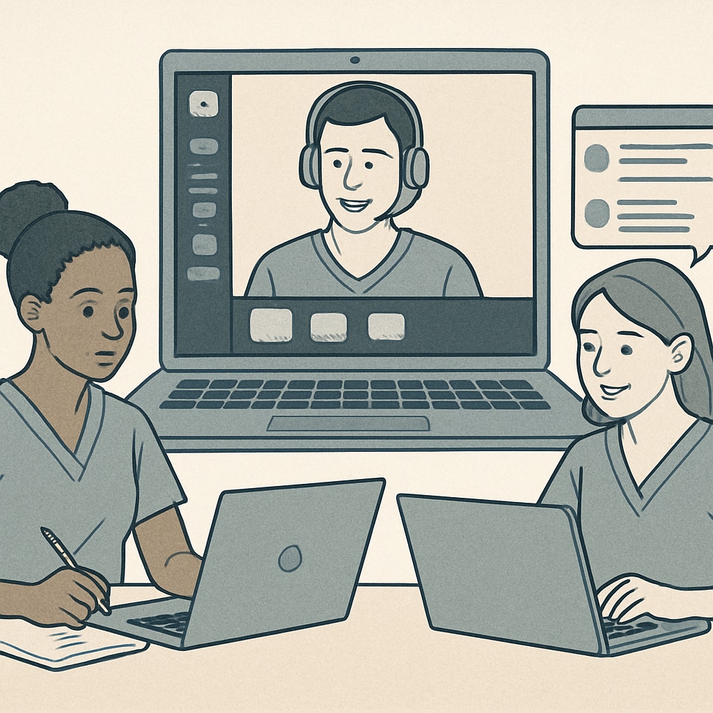 Nursing students collaborating online using Discord, symbolizing digital learning communities. Nursing students using Discord for collaborative study in their learning community.