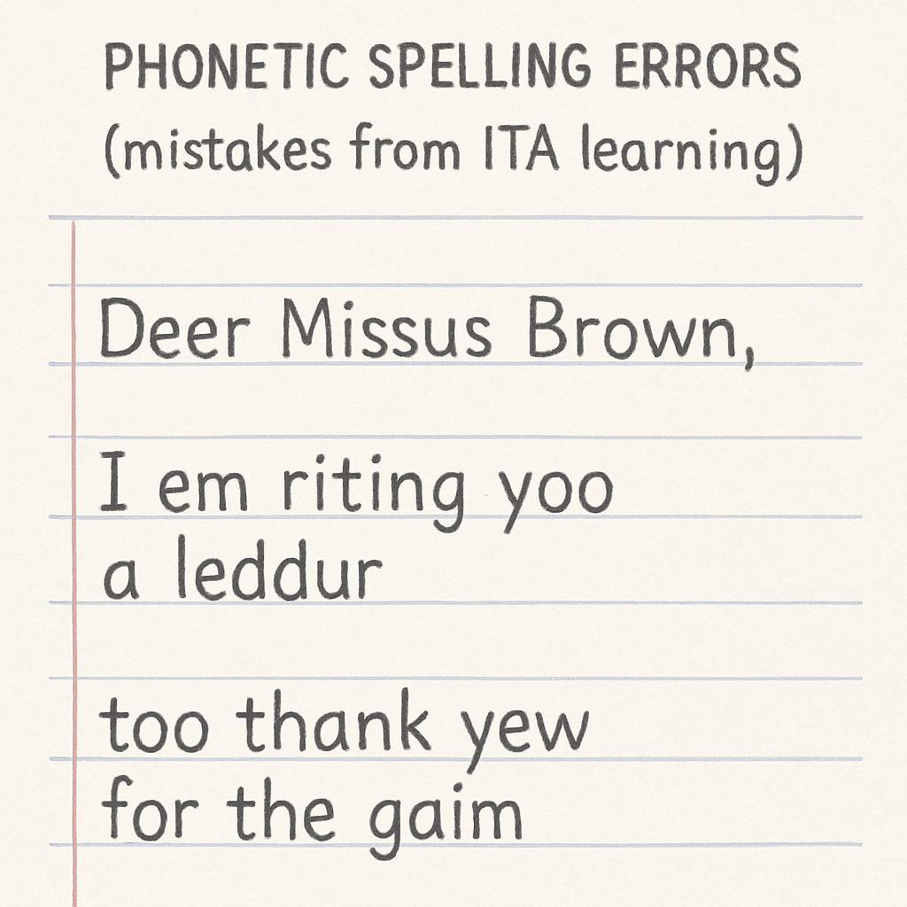 A handwritten note showing phonetic spelling errors, possibly resulting from ITA learning. Example of phonetic spelling errors linked to ITA teaching methods.