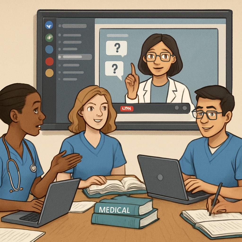 A group of nursing students participating in a live Q&A session on Discord, highlighting interactive learning. Nursing students engaging in a Q&A session on Discord to enhance their education.