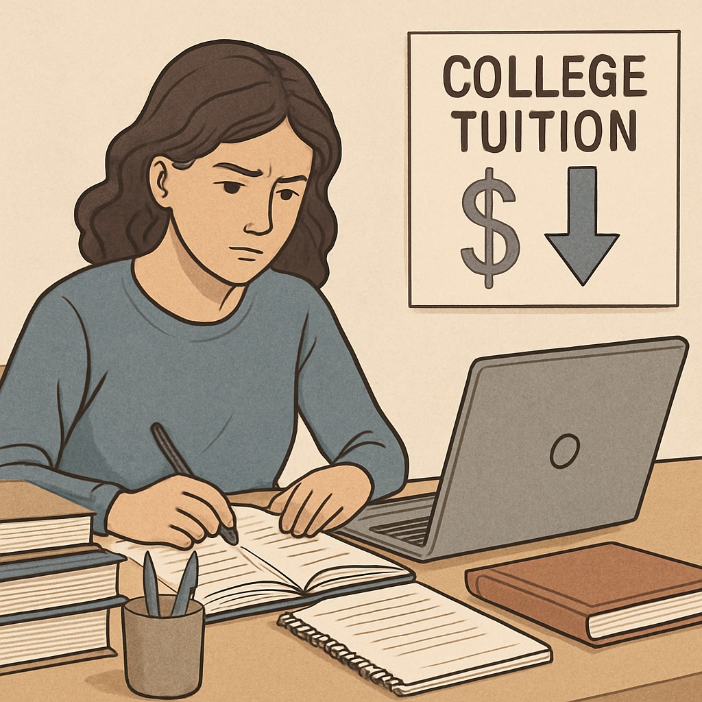A university student studying at her desk with a laptop, surrounded by textbooks, signifying academic and financial challenges related to college tuition. A student facing financial hardship studying at her desk.