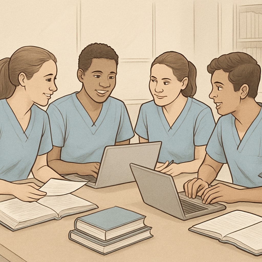 A group of nursing students discussing notes and preparing for exams on laptops. Nursing students working together in a study group with laptops and books.