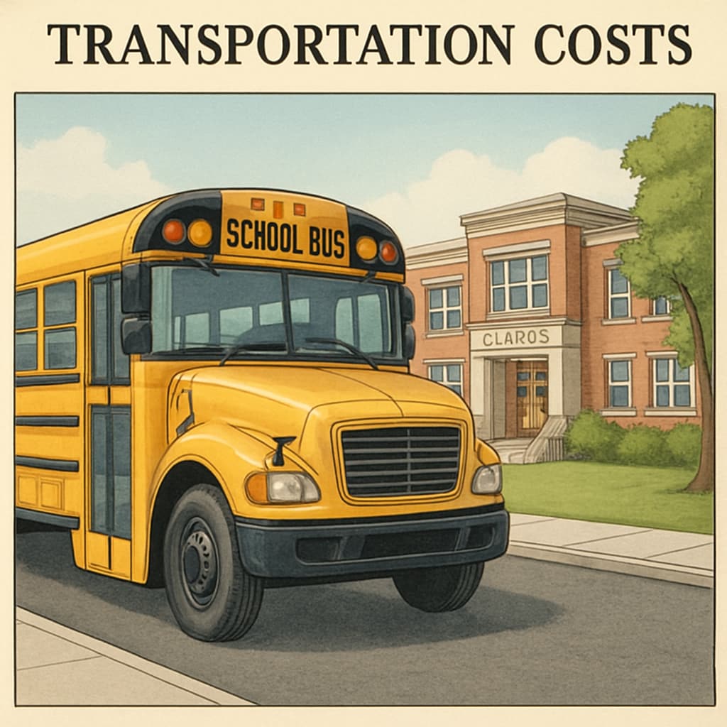 School bus and public school building, representing transportation costs in budgets.