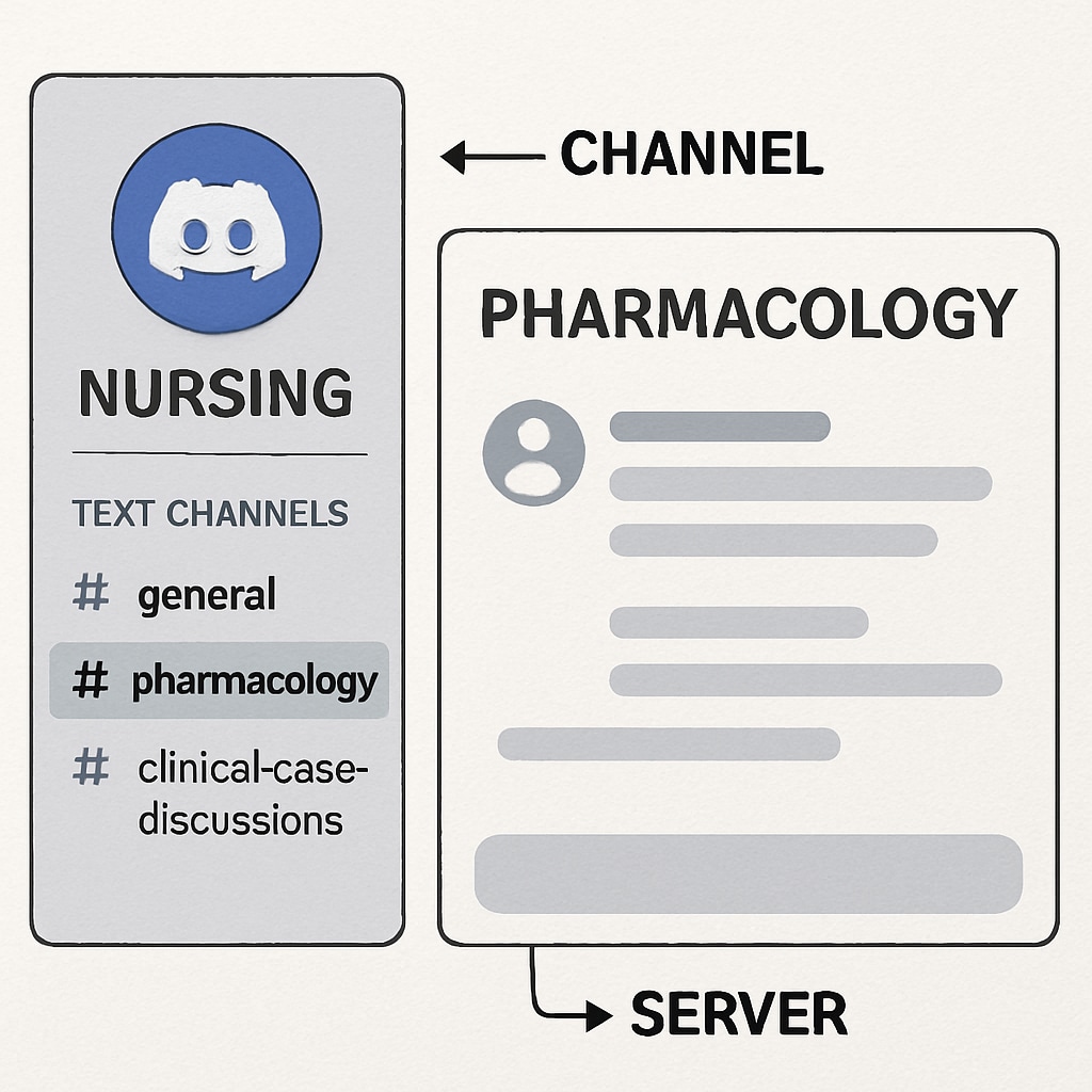 A screenshot of a Discord server interface with channels dedicated to nursing topics, like pharmacology and clinical case discussions. A Discord server interface showing nursing-related channels for study purposes.