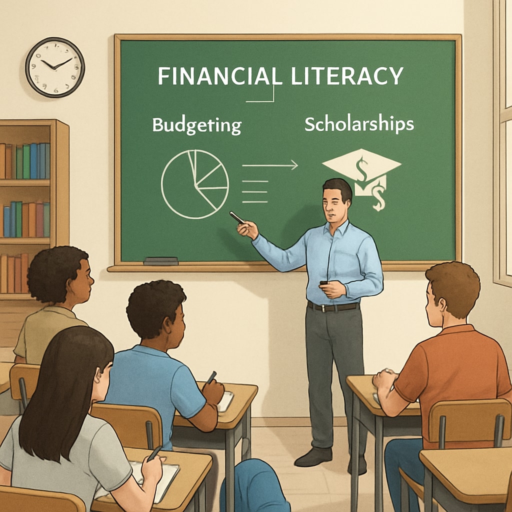 A classroom session where a teacher explains financial literacy concepts to high school students, emphasizing budgeting and scholarships as early preparation for college expenses. High school students learning about financial literacy for college preparation.