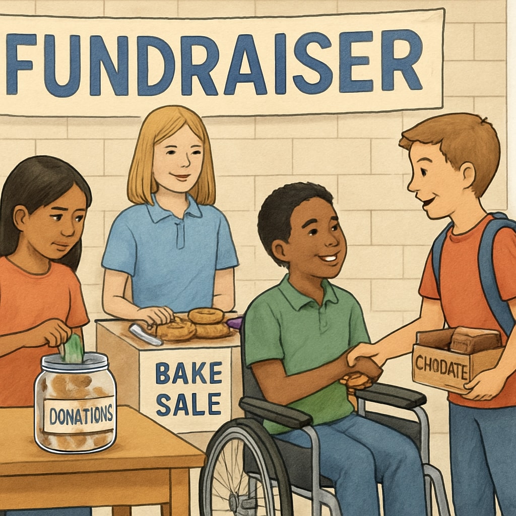 A group of students participating in a school fundraising event, with visible distinctions based on access to privileges. Students in a school fundraiser event, highlighting disparities in privileges based on donations.