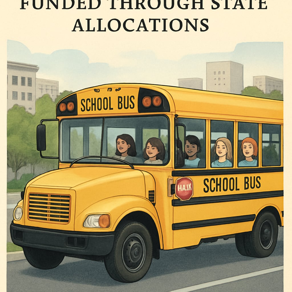 A school bus transporting children, illustrating the concept of rising transportation costs funded through state allocations. School bus representing transportation costs in school budgets influenced by transfer funds.