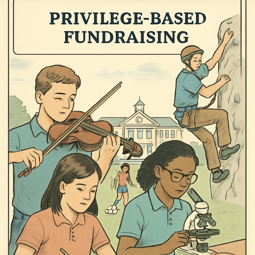 Students participating in exclusive school activities funded by donations, illustrating privilege-based fundraising. Students enjoying exclusive school activities funded by privilege-based donations.