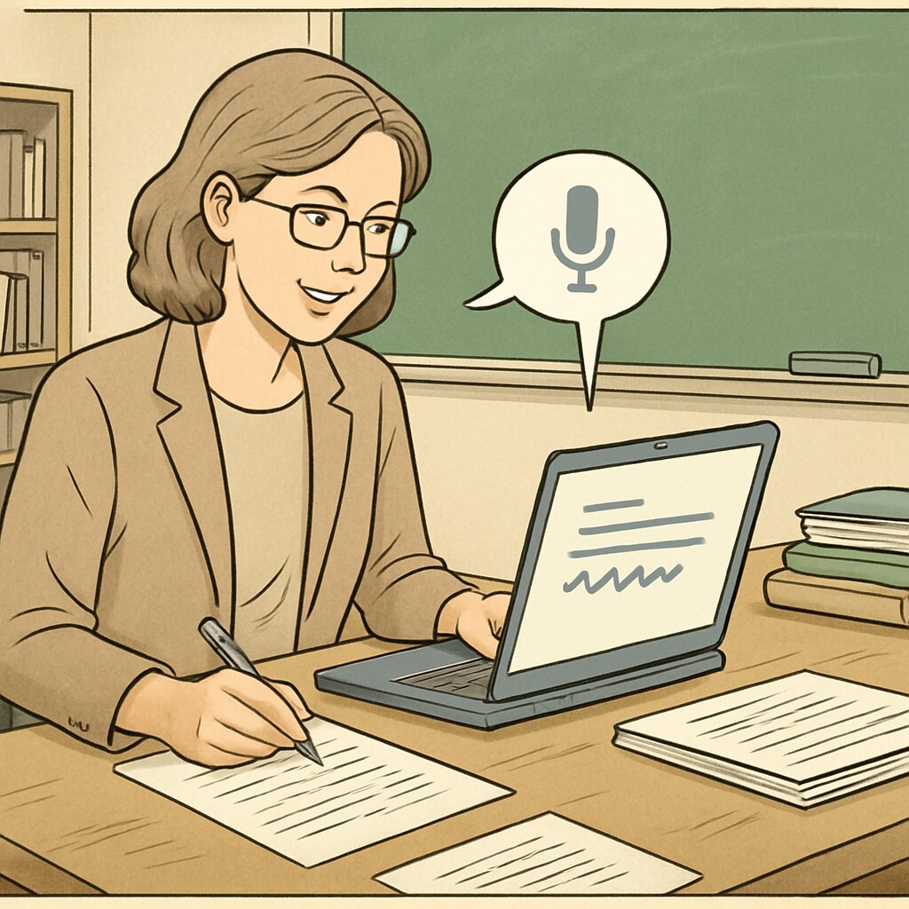 A teacher using a voice-to-text tool on a laptop to provide feedback on student assignments. Teacher using voice-to-text for student feedback in K12 education.