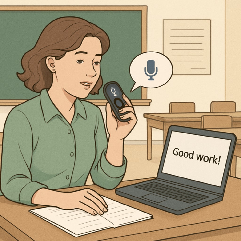 A teacher using a speech-to-text device to provide feedback on student performance. This image highlights the practical application of the technology in education. Teacher using speech-to-text device for student feedback