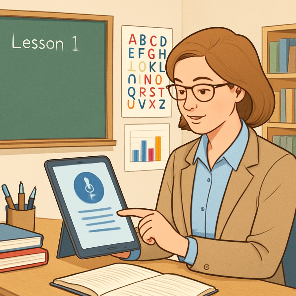 A teacher recording classroom instructions using a voice-to-text app on a tablet. Voice-to-text technology in classroom instruction for better management.