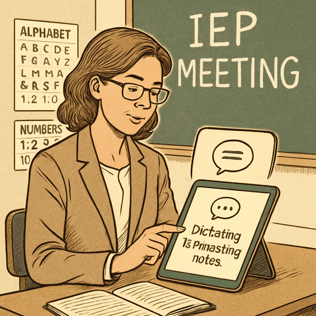 A teacher dictating notes for an IEP meeting using a speech-to-text app, showcasing its efficiency in special education documentation. Teacher dictating IEP notes with a speech-to-text app