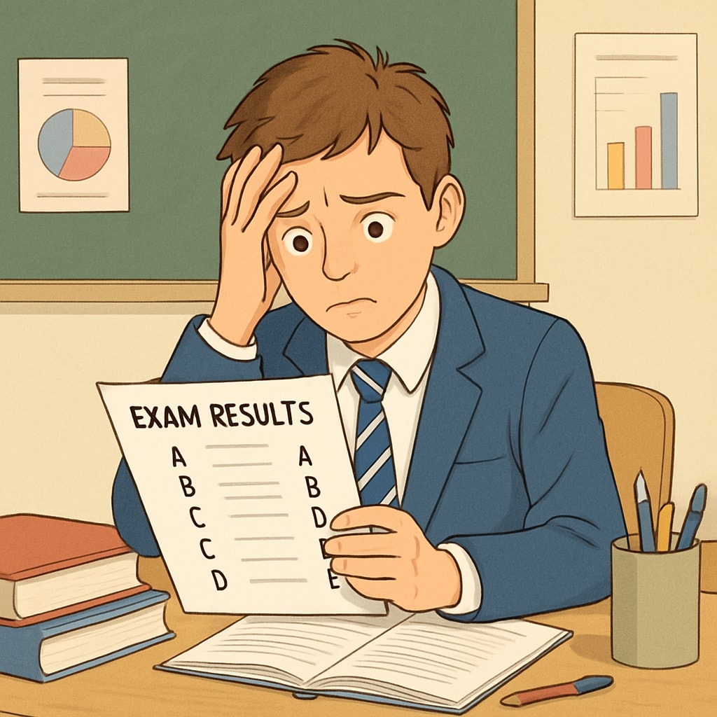 Student reviewing poor A-level results with concern.