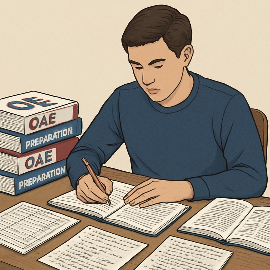 A detailed image of a student studying with OAE preparation books and notes, representing focused exam preparation. A student preparing for the OAE exam with books and notes.