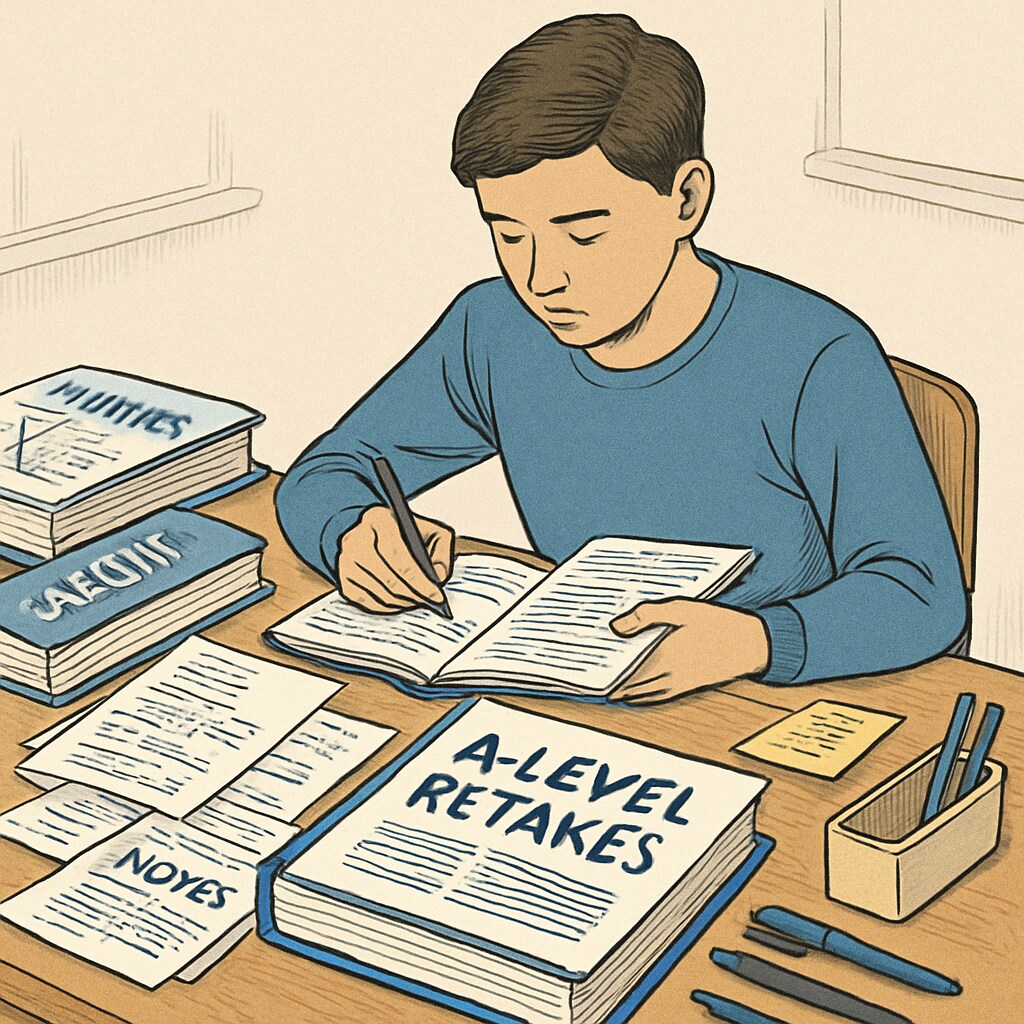 Student preparing for A-Level exam retakes with study materials.