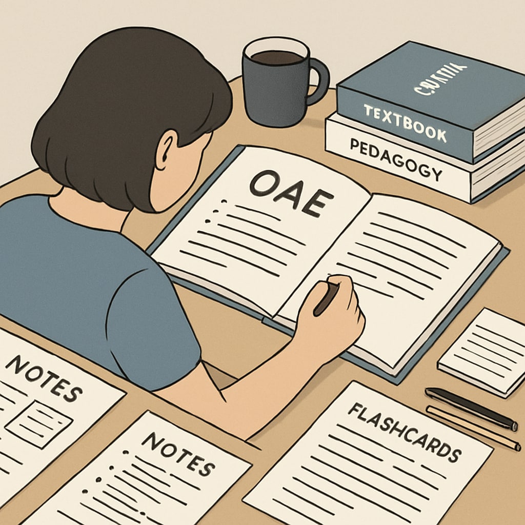A student preparing for the OAE exam with study materials to reduce anxiety.