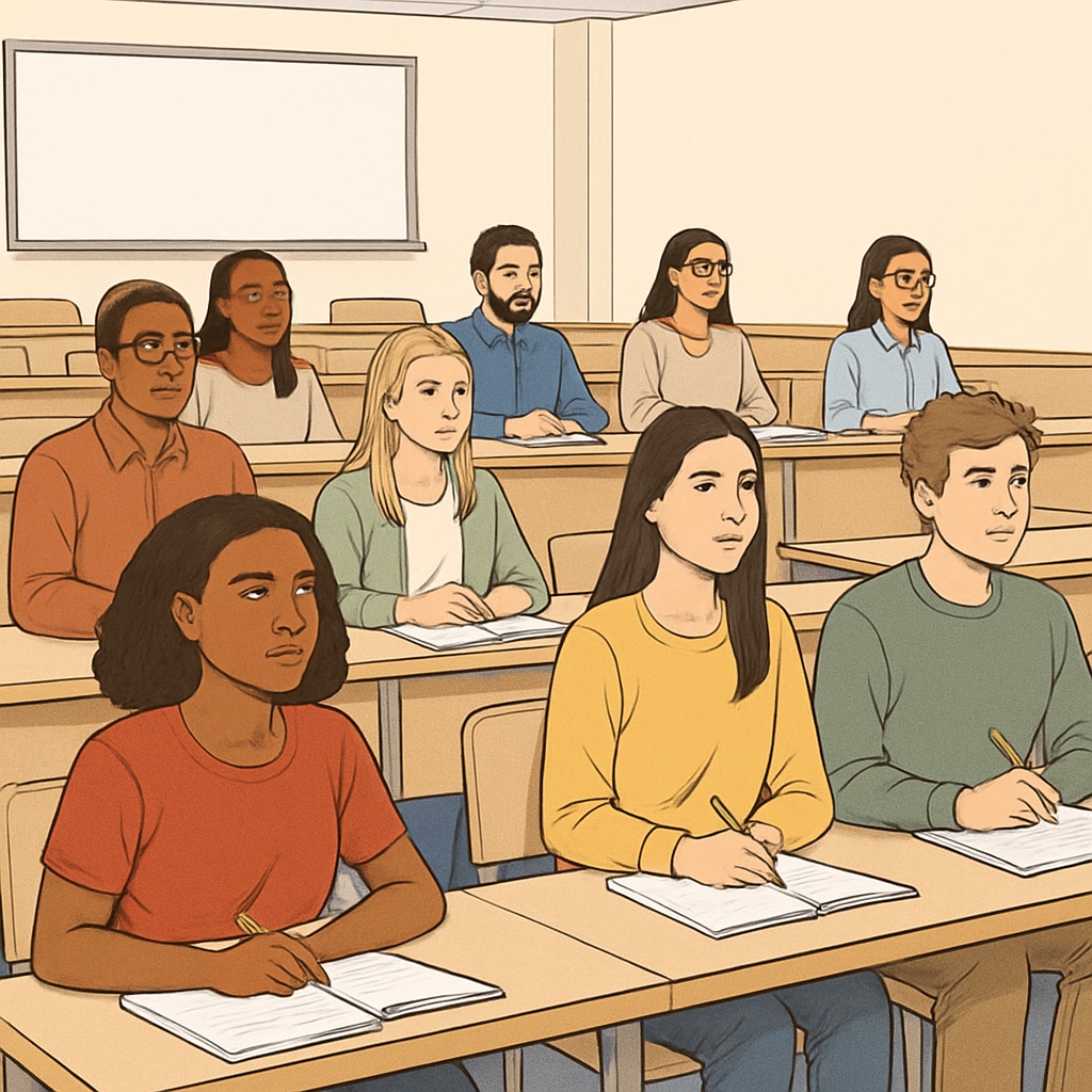 Students in a mid-tier university lecture, representing enrollment options.