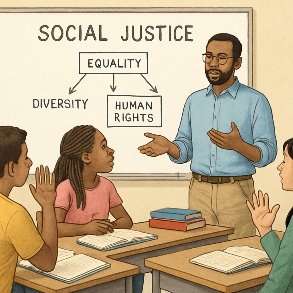 A teacher and students discussing social justice topics, reflecting wokeness in education.