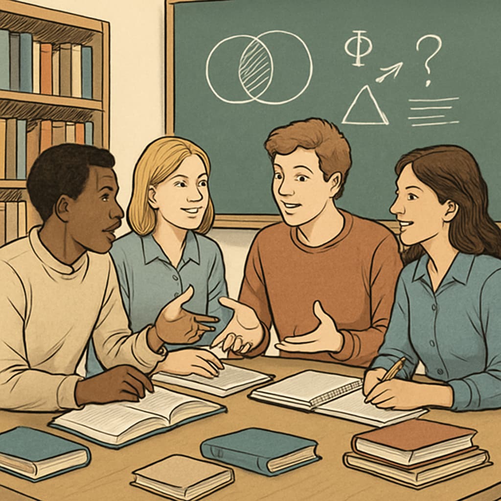 Students discussing philosophical ideas in a group setting.