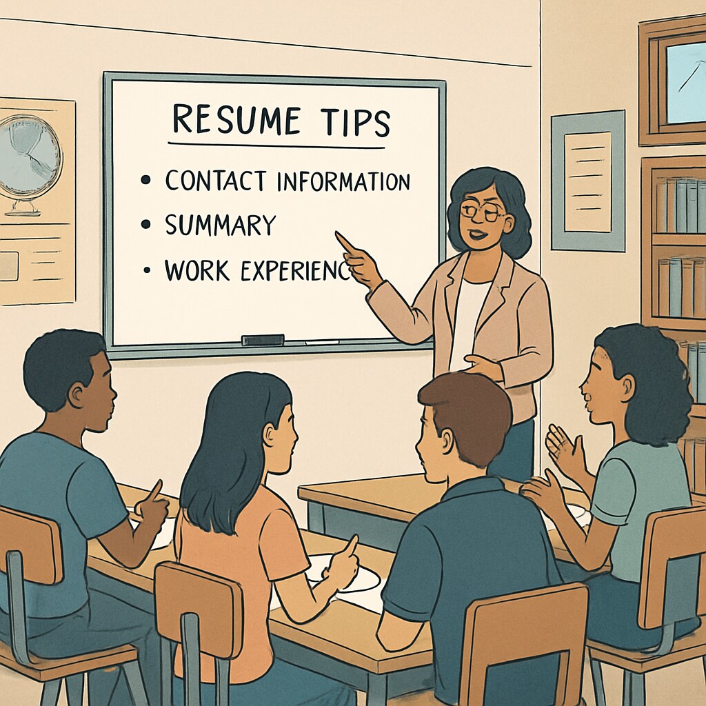 A classroom setting where students are participating in a resume workshop, led by a career counselor. Students learning resume-building techniques in a workshop setting focused on Canada resume help.