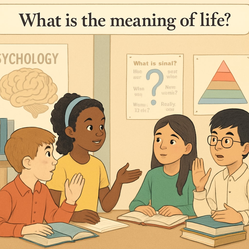 A group of diverse K12 students actively discussing philosophical questions in the classroom, with psychology charts and books around them. K12 students discussing psychology and philosophy concepts in a classroom setting.