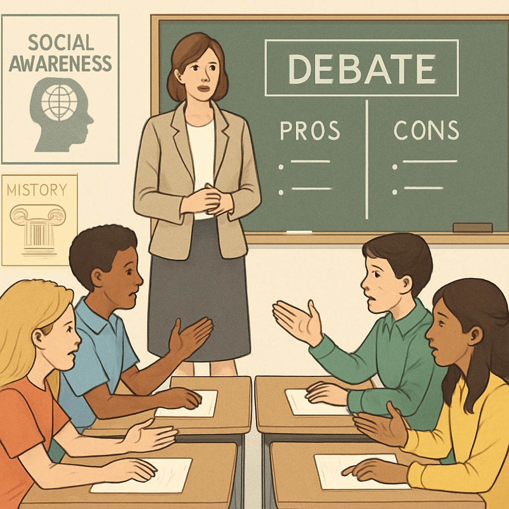 A teacher facilitating a classroom debate where students discuss the pros and cons of social awareness policies. Classroom debate on wokeness policies in schools.