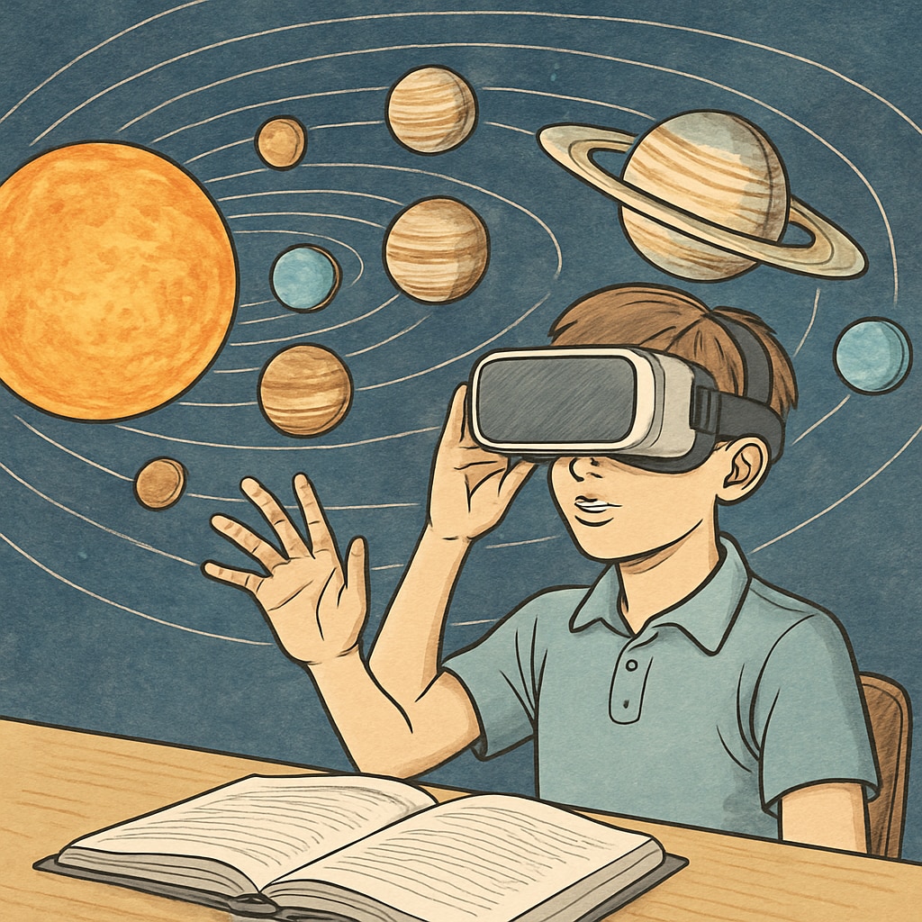 A student wearing VR goggles, exploring a 3D simulation of the solar system, demonstrating AI’s role in interactive learning. Student using VR for AI-based learning