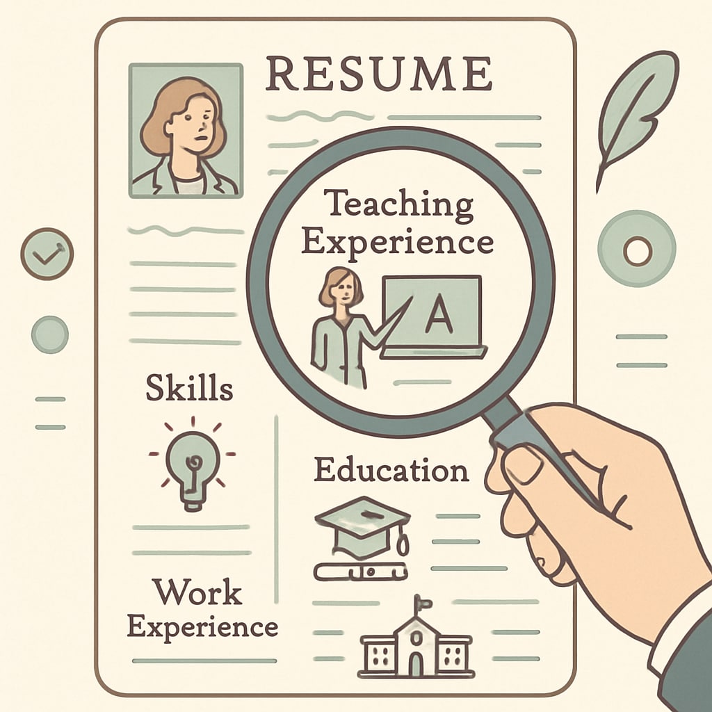 A professional resume being reviewed, highlighting sections specific to teaching experience. Resume optimization for Canadian K-12 teaching jobs.