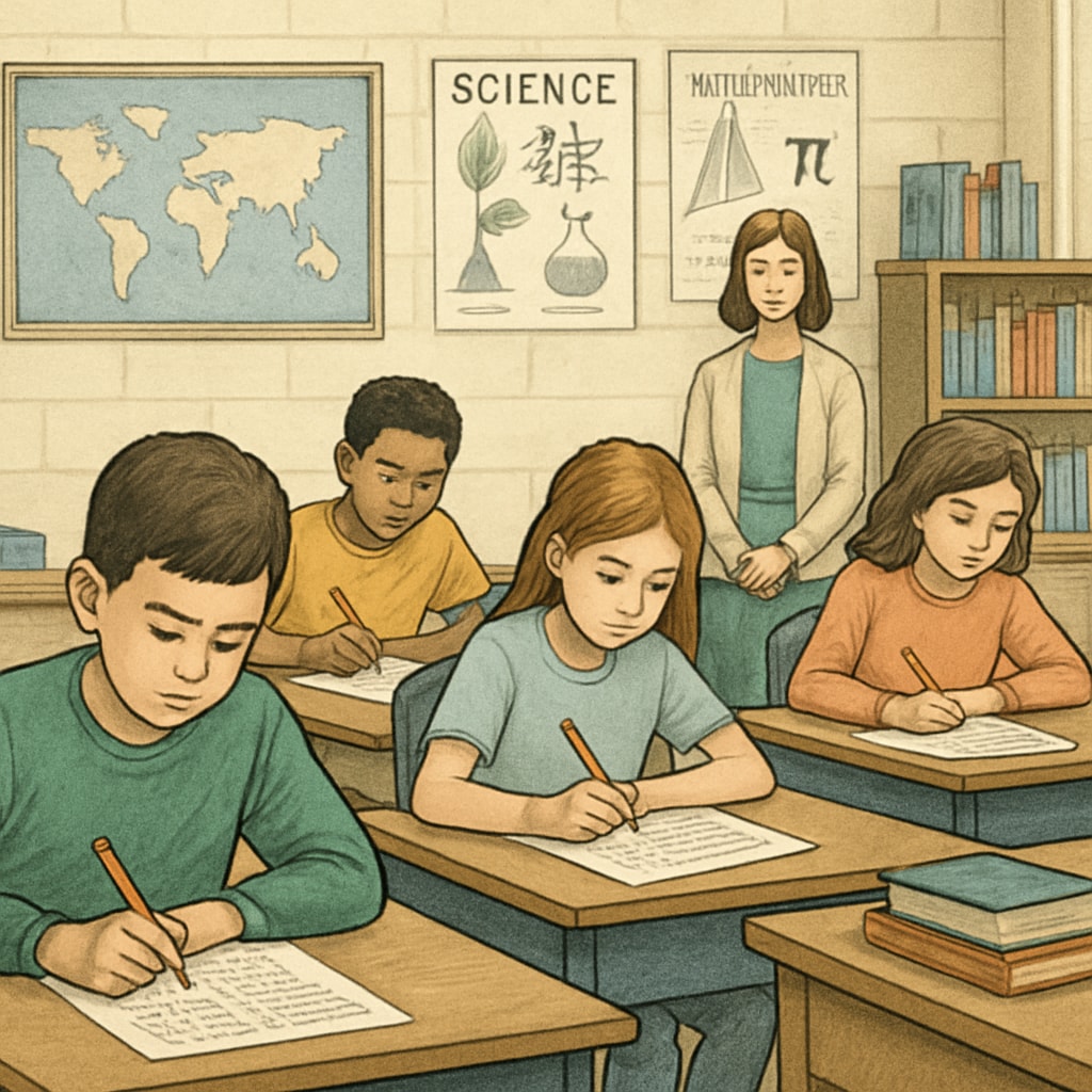 A classroom filled with students taking a standardized test, symbolizing the traditional competitive exam system. Students taking a traditional competitive exam, highlighting the need for reform in the AI era.