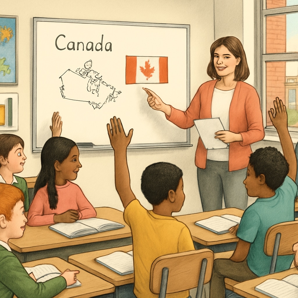 A Canadian classroom with diverse students actively participating in a lesson. Canadian K-12 education in a diverse classroom.