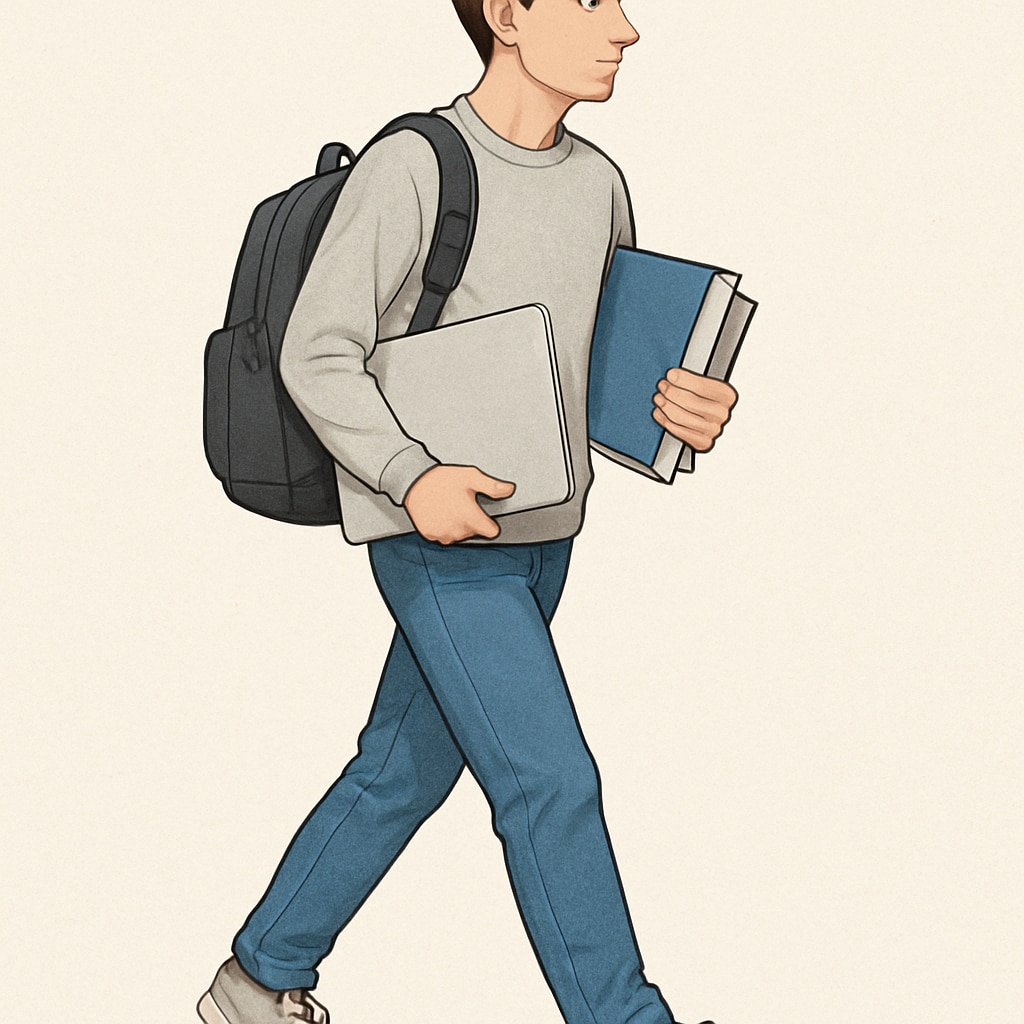 A modern college student walking with a sleek backpack containing their laptop and books, reflecting practicality and style. College student with backpack showing style and practicality