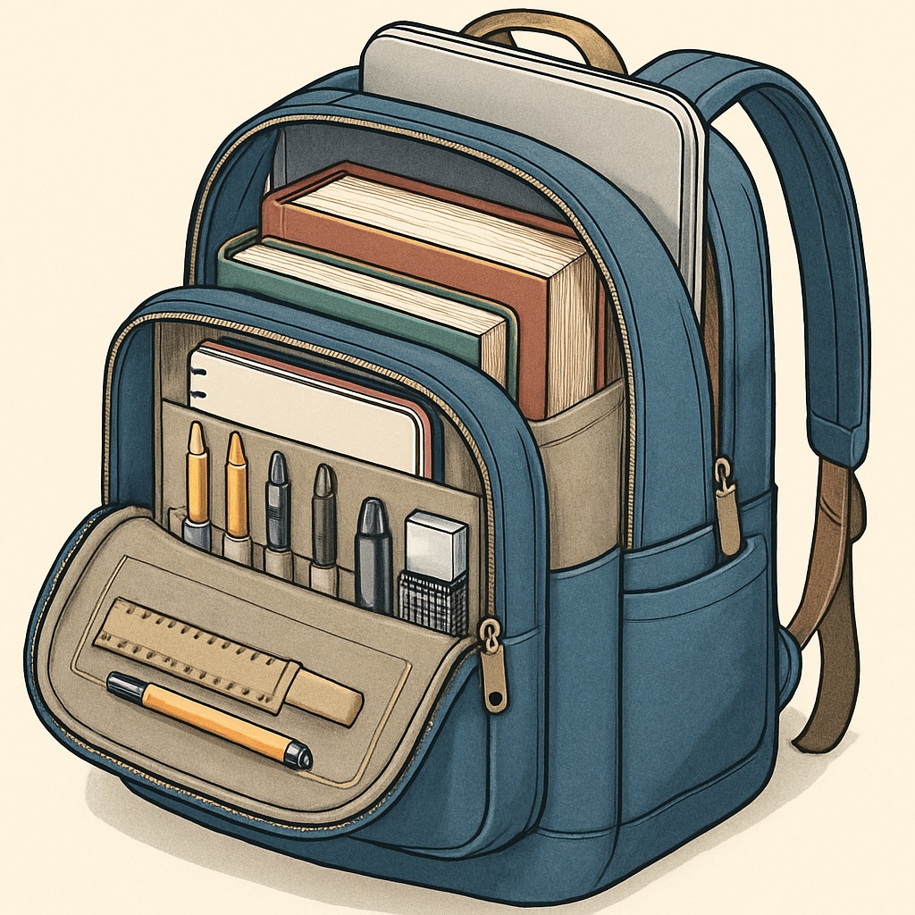 A close-up of a backpack with multiple compartments open, showcasing storage for a laptop, books, and stationery items. Backpack compartments showcasing storage for electronics and books