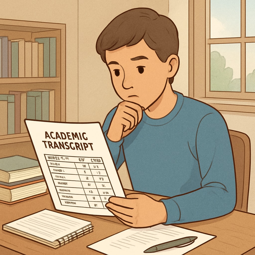 A student reviewing their transcript, contemplating their options for academic improvement. A student evaluating their academic transcript for Harvard admissions and CALM course retake considerations.