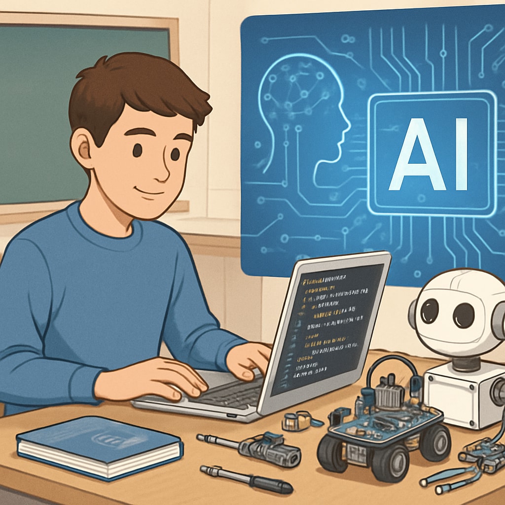 A student working on a cutting-edge AI project with coding tools and robotics, symbolizing the importance of adapting education for modern challenges. A student utilizing AI tools to showcase innovative learning methods in education reform.